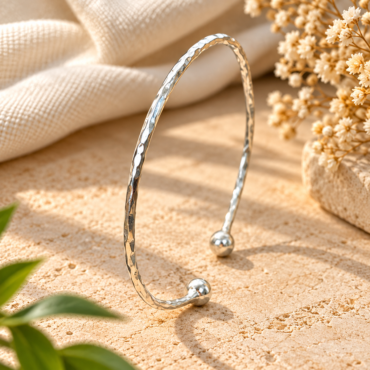 Handmade 925 Sterling Silver Open Cuff Bracelet – Hammered Ball End Minimalist Statement Bangle