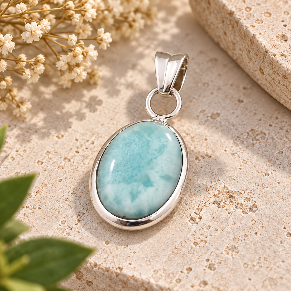 Handmade 925 Sterling Silver Larimar Pendant – Oval Blue Gemstone Boho Necklace Jewelry