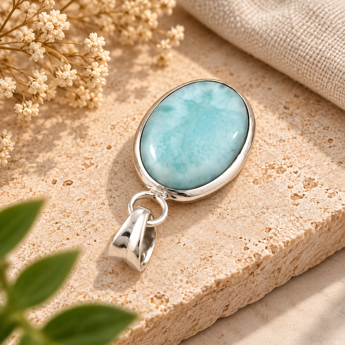 Handmade 925 Sterling Silver Larimar Pendant – Oval Blue Gemstone Boho Necklace Jewelry