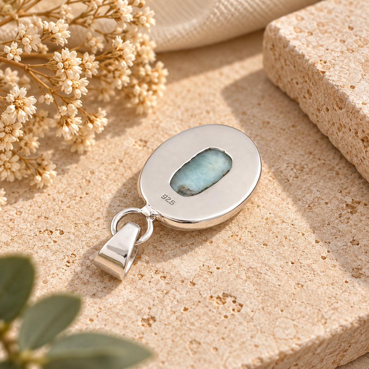 Handmade 925 Sterling Silver Larimar Pendant – Oval Blue Gemstone Boho Necklace Jewelry