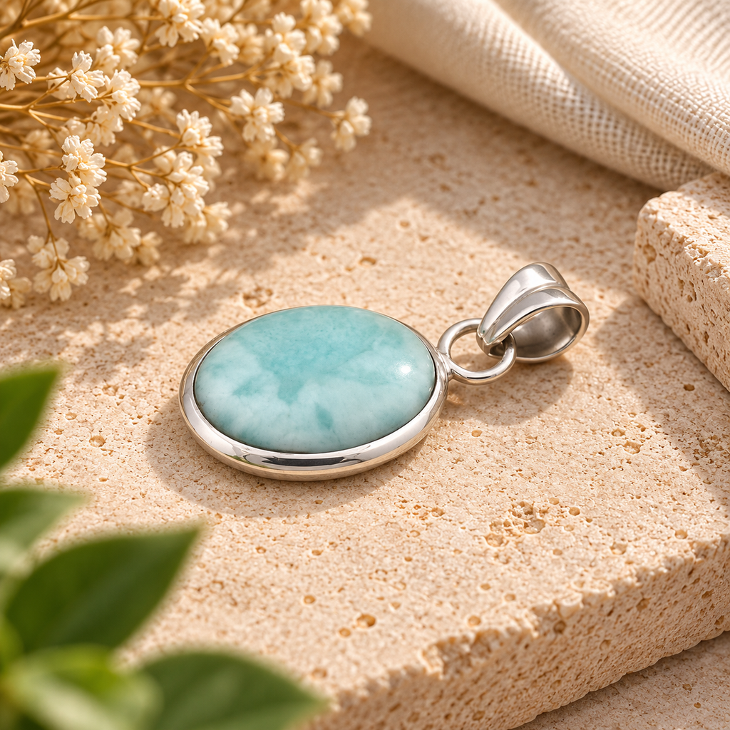 Handmade 925 Sterling Silver Larimar Pendant – Oval Blue Gemstone Boho Necklace Jewelry