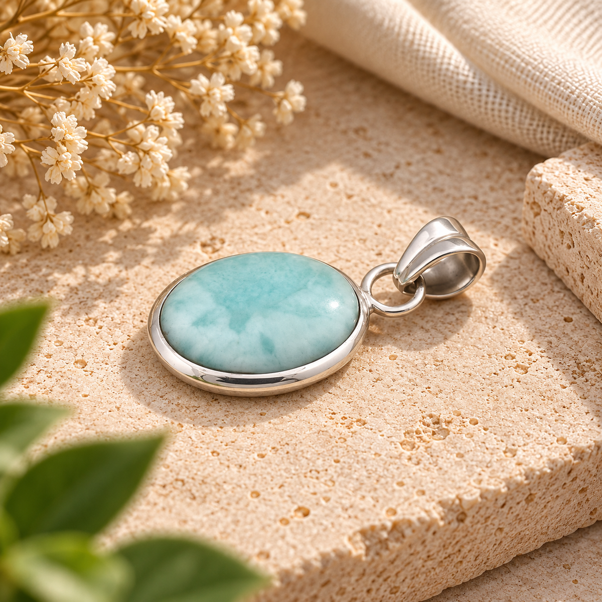 Handmade 925 Sterling Silver Larimar Pendant – Oval Blue Gemstone Boho Necklace Jewelry