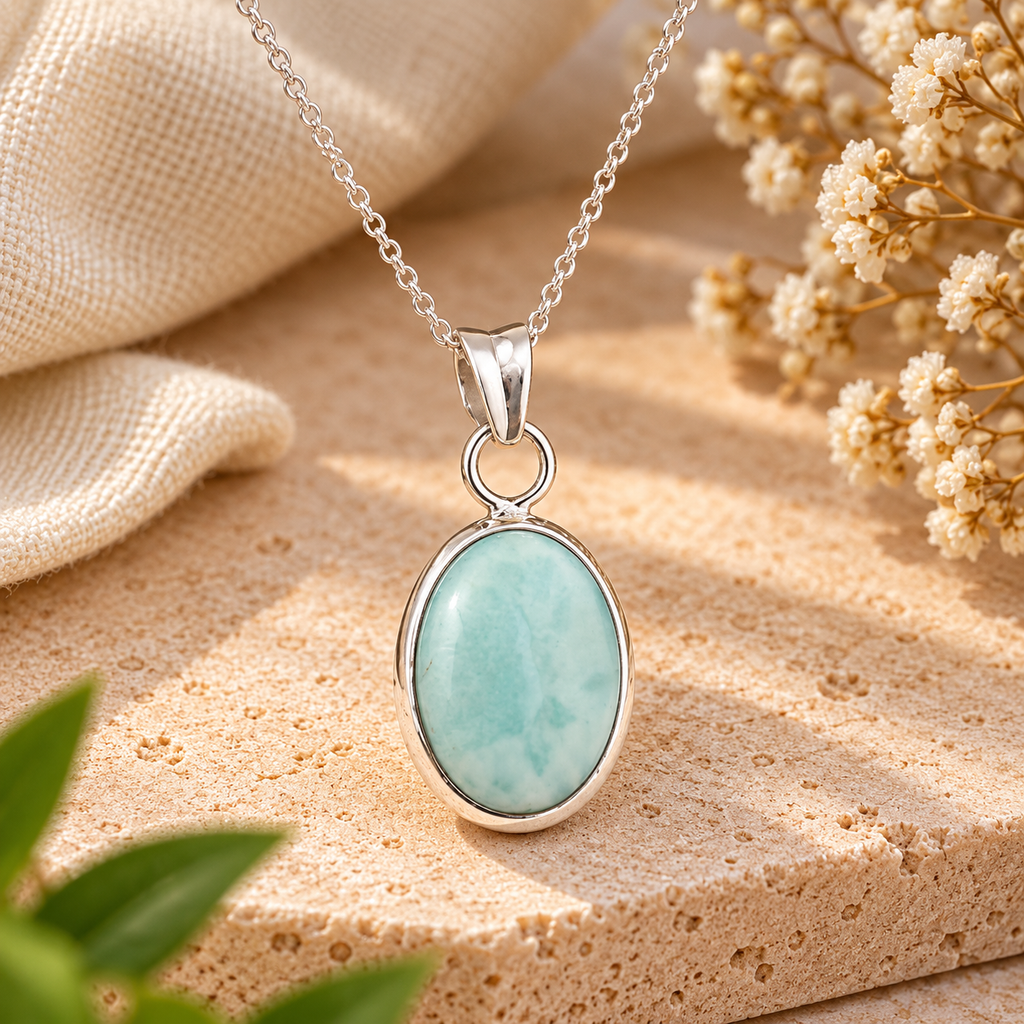Handmade 925 Sterling Silver Larimar Pendant – Oval Blue Gemstone Boho Necklace Jewelry