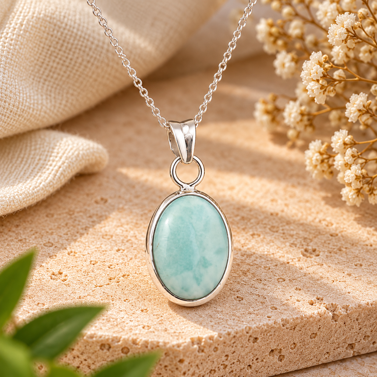 Handmade 925 Sterling Silver Larimar Pendant – Oval Blue Gemstone Boho Necklace Jewelry