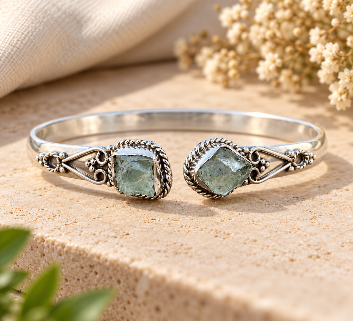Handmade 925 Sterling Silver Aquamarine Cuff Bangle – Boho Statement Bracelet