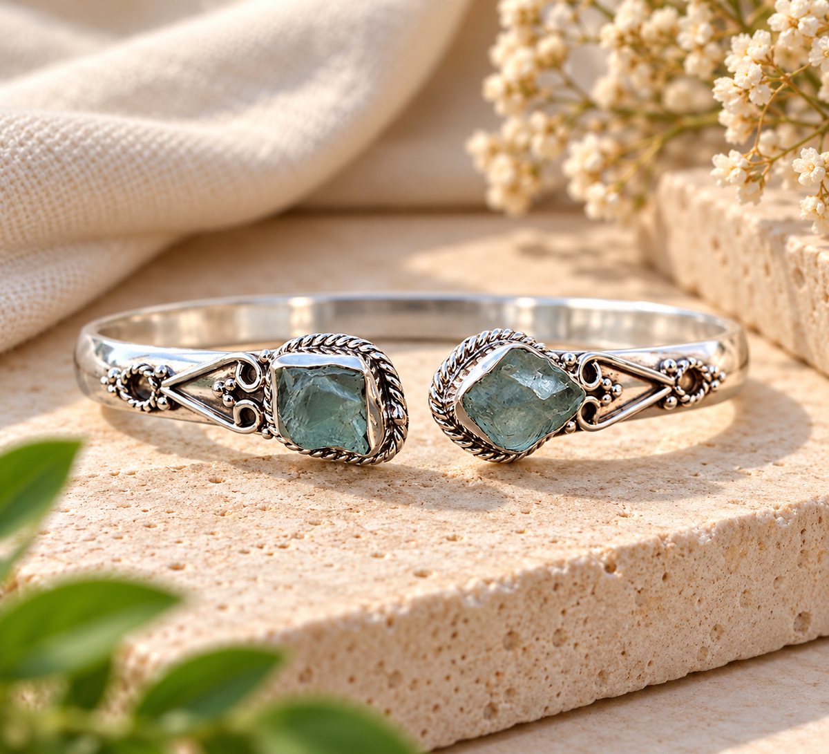 Handmade 925 Sterling Silver Aquamarine Cuff Bangle – Boho Statement Bracelet