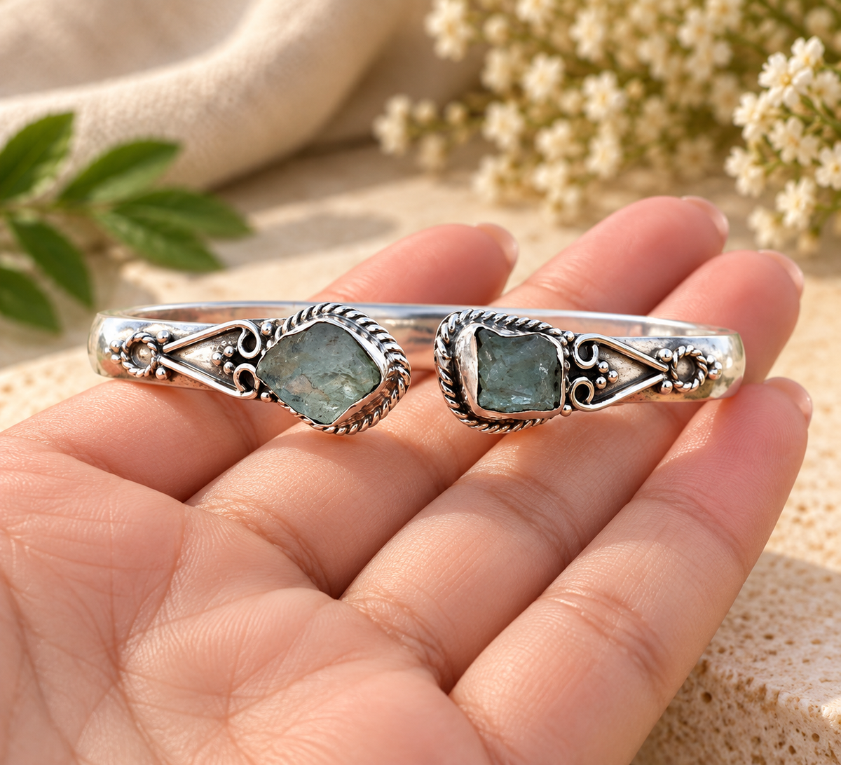 Handmade 925 Sterling Silver Aquamarine Cuff Bangle – Boho Statement Bracelet
