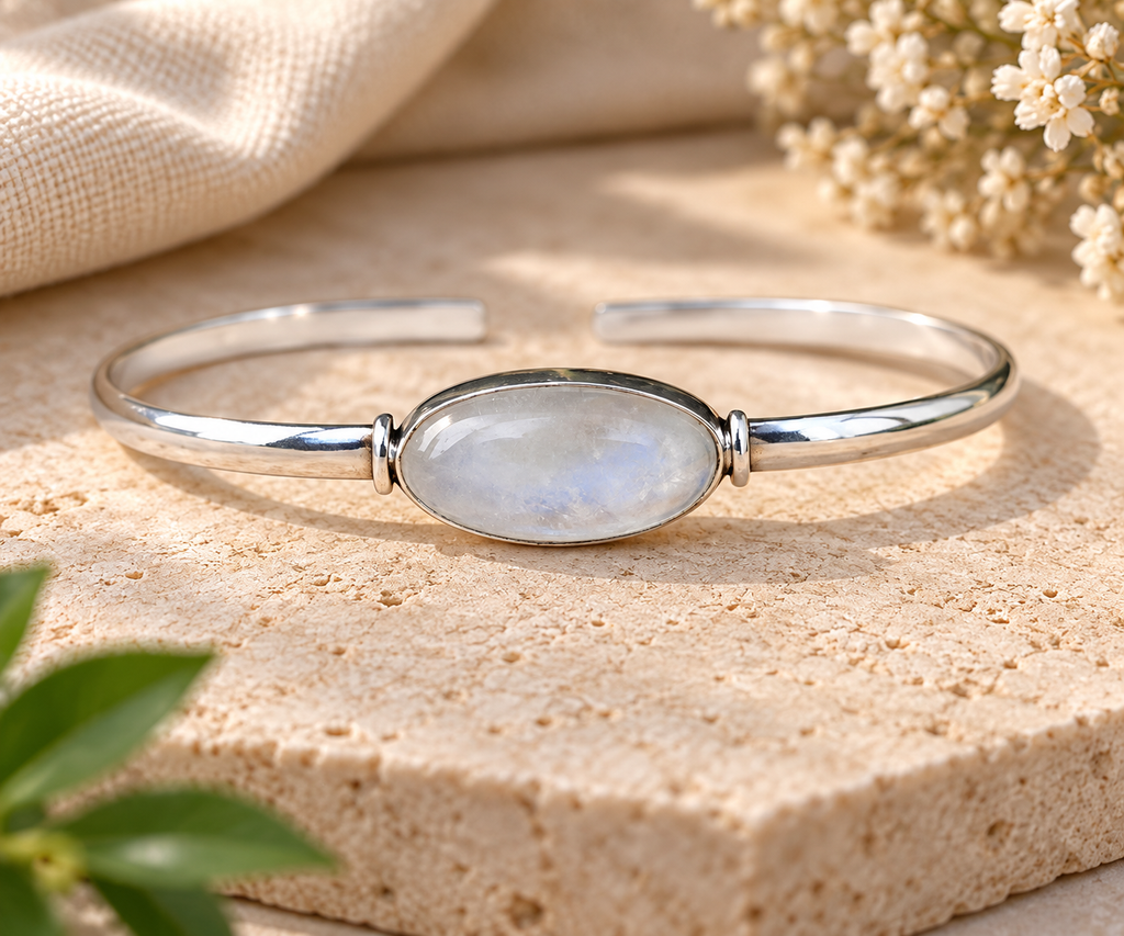 Handmade 925 Sterling Silver Rainbow Moonstone Cuff Bangle – Boho Statement Bracelet