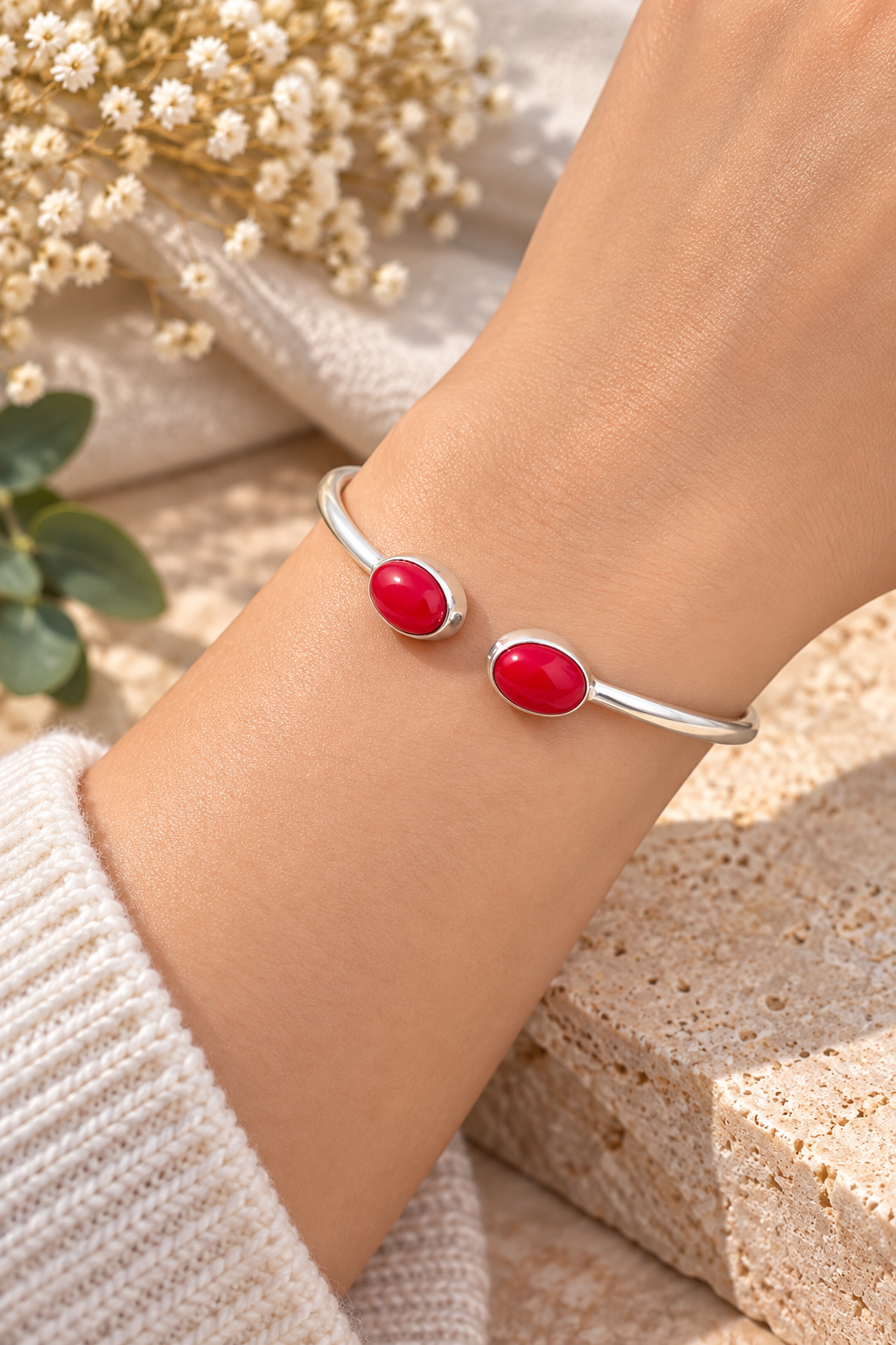 Handmade Red Coral 925 Sterling Silver Cuff Bracelet – Adjustable Boho Statement Bangle