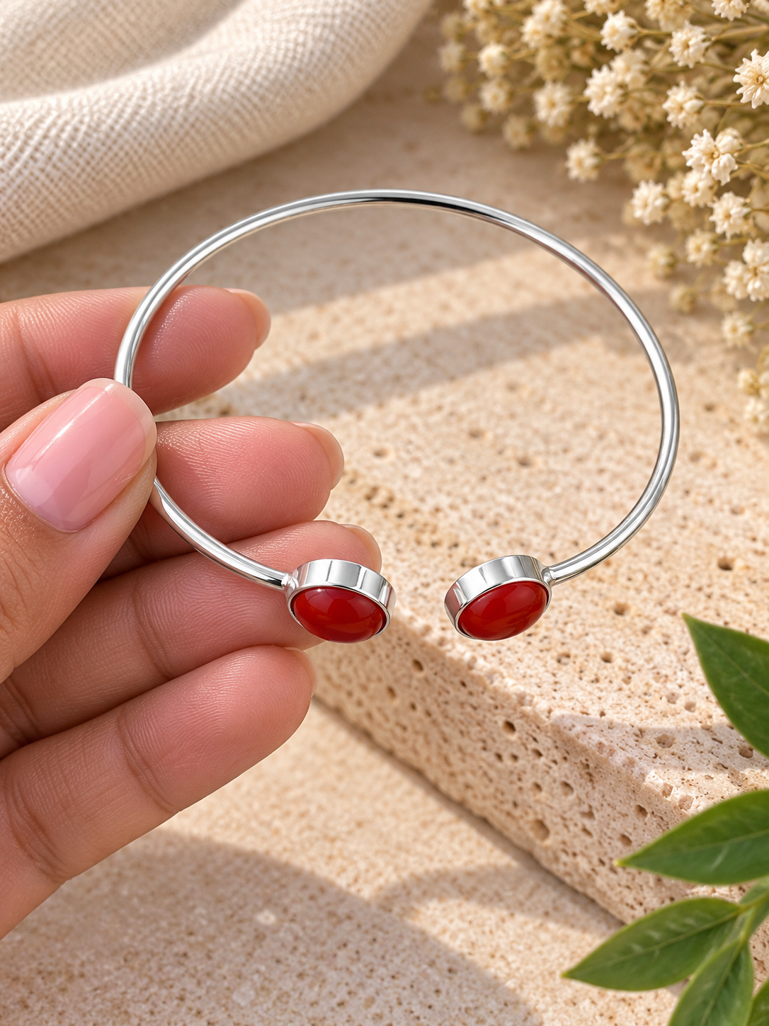 Handmade Red Coral 925 Sterling Silver Cuff Bracelet – Adjustable Boho Statement Bangle