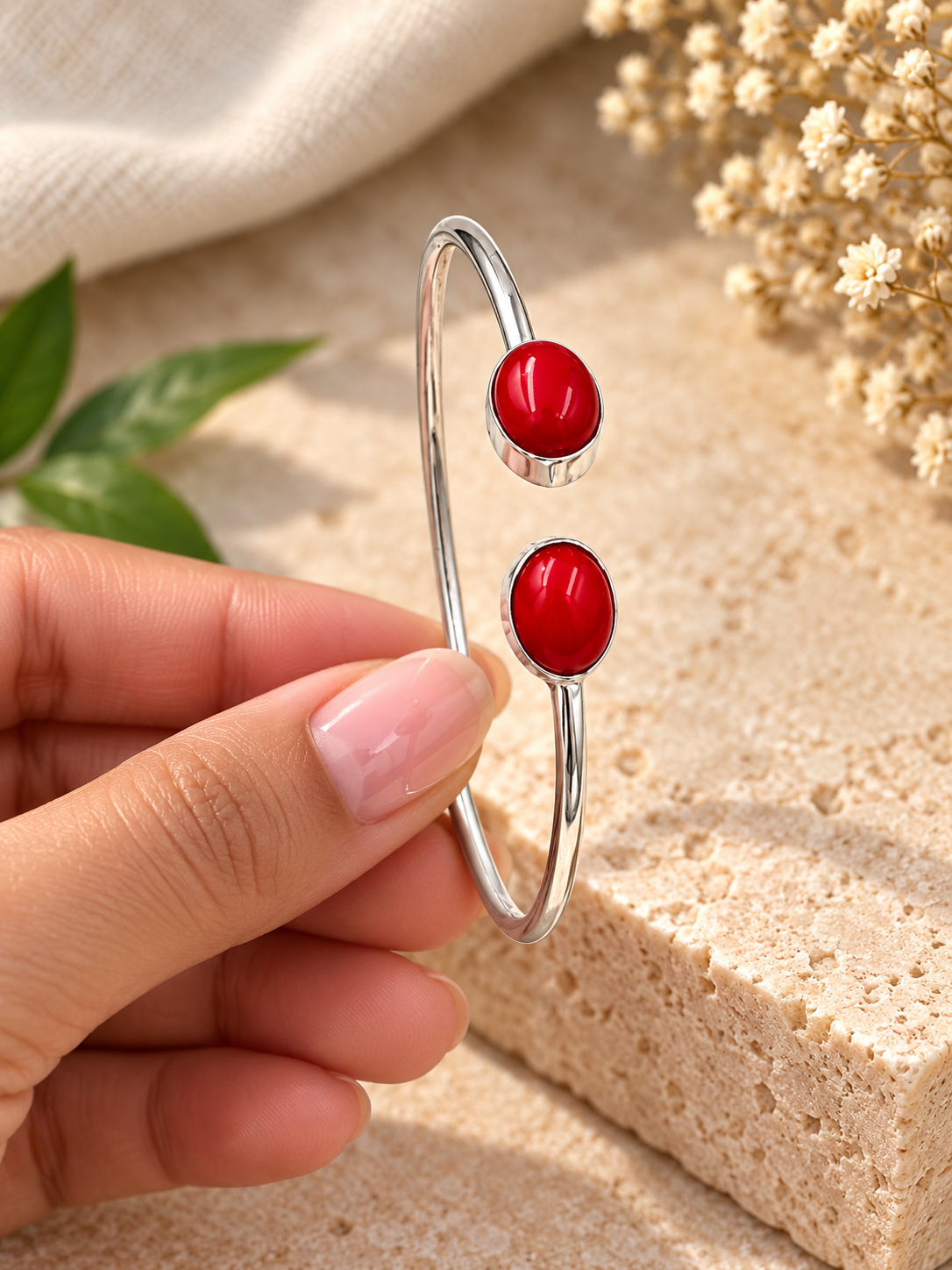 Handmade Red Coral 925 Sterling Silver Cuff Bracelet – Adjustable Boho Statement Bangle