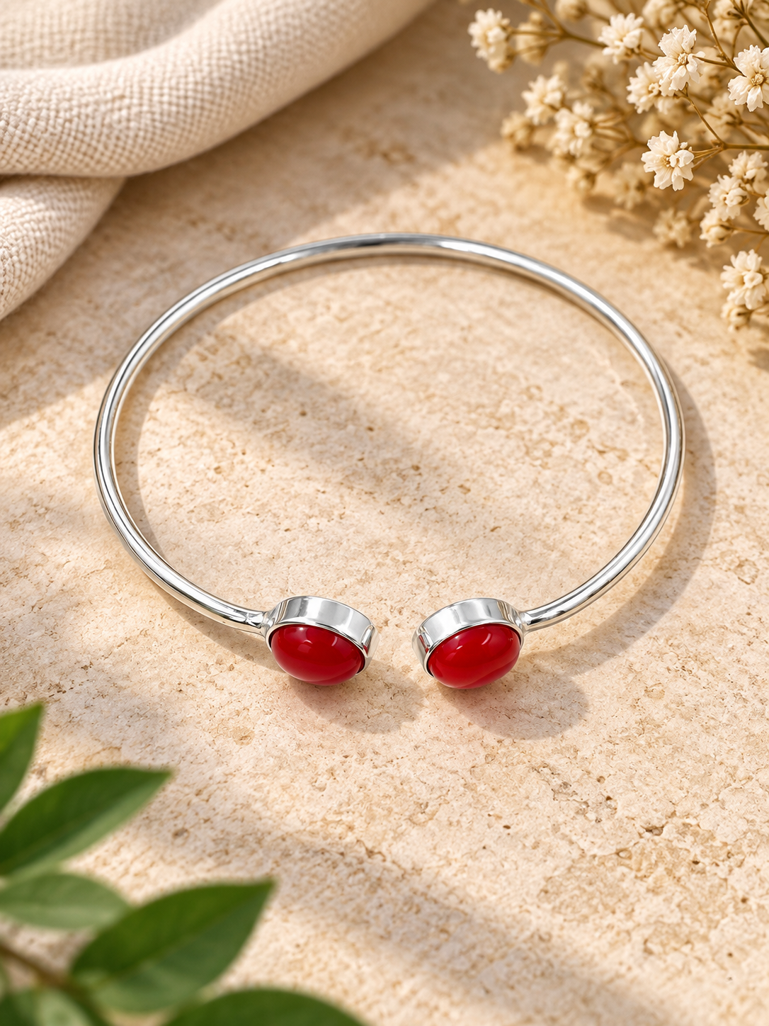 Handmade Red Coral 925 Sterling Silver Cuff Bracelet – Adjustable Boho Statement Bangle