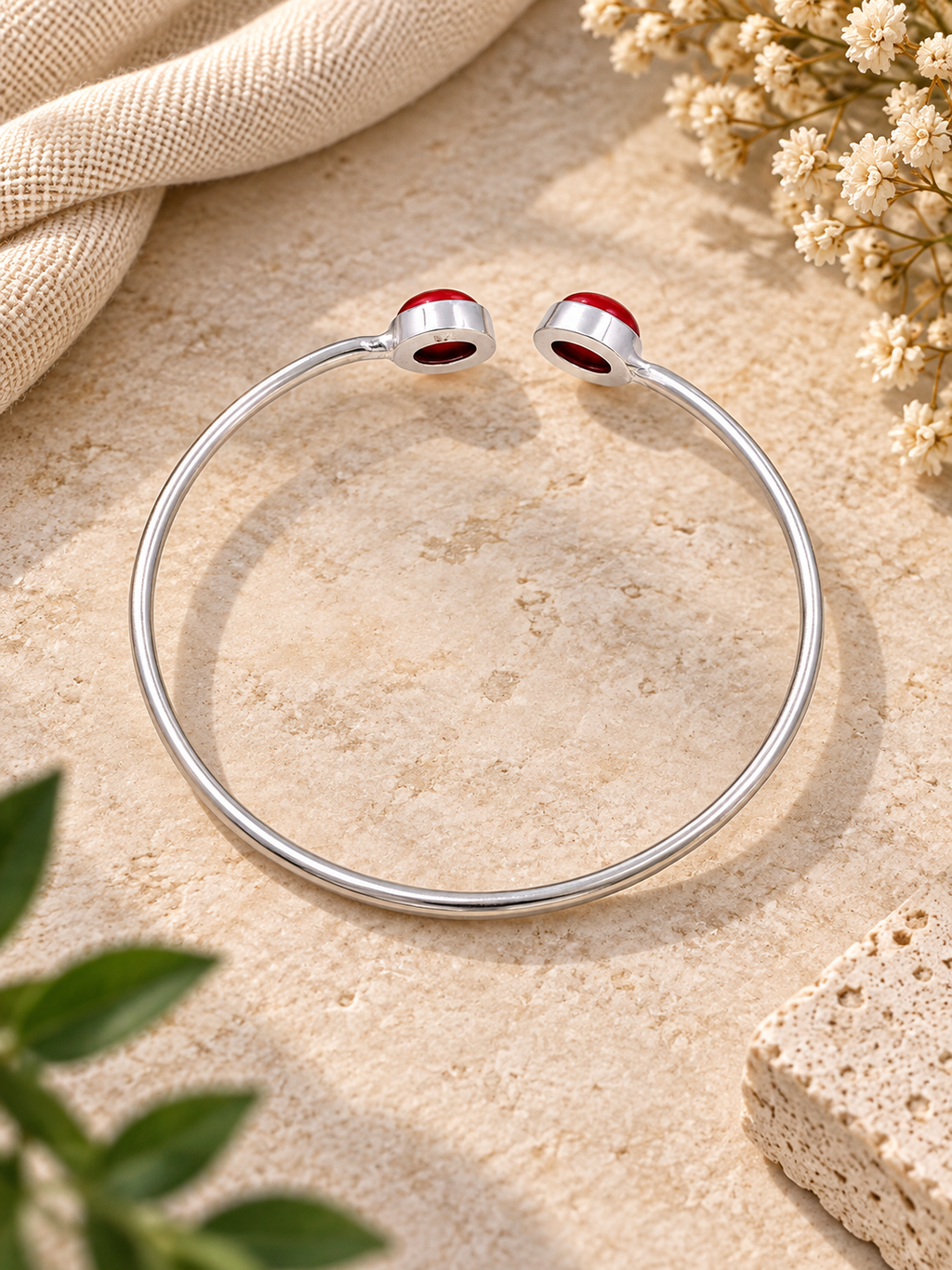 Handmade Red Coral 925 Sterling Silver Cuff Bracelet – Adjustable Boho Statement Bangle