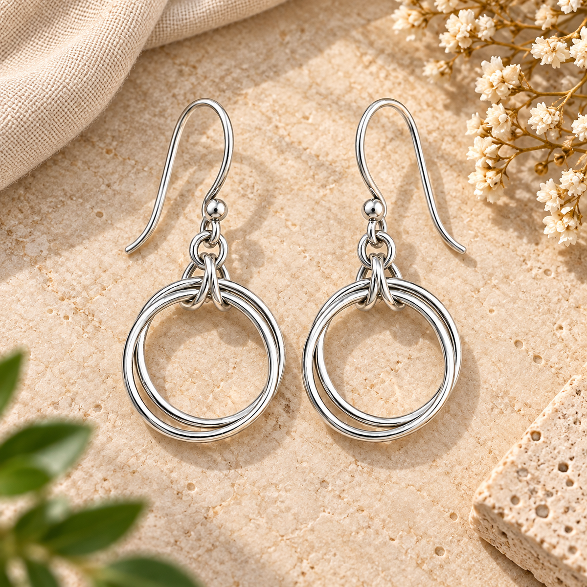 Handmade 925 Sterling Silver Double Hoop Drop Earrings – Minimalist Geometric Dangle Jewelry