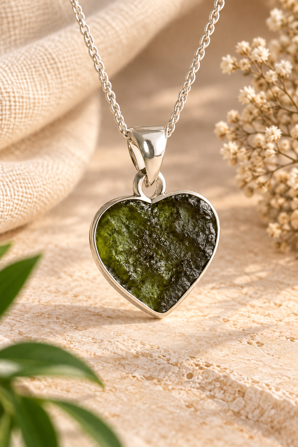 Raw Moldavite Heart Pendant – 925 Sterling Silver Natural Green Tektite Necklace