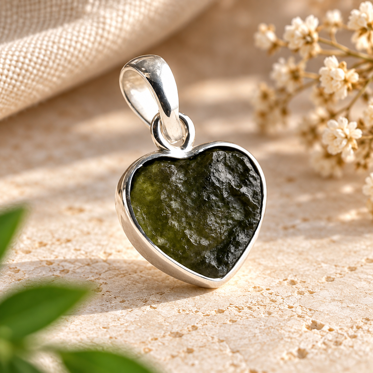 Raw Moldavite Heart Pendant – 925 Sterling Silver Natural Green Tektite Necklace