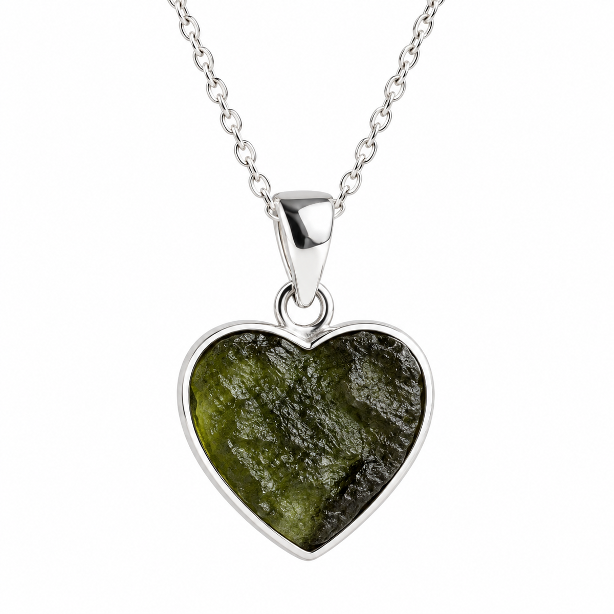 Raw Moldavite Heart Pendant – 925 Sterling Silver Natural Green Tektite Necklace