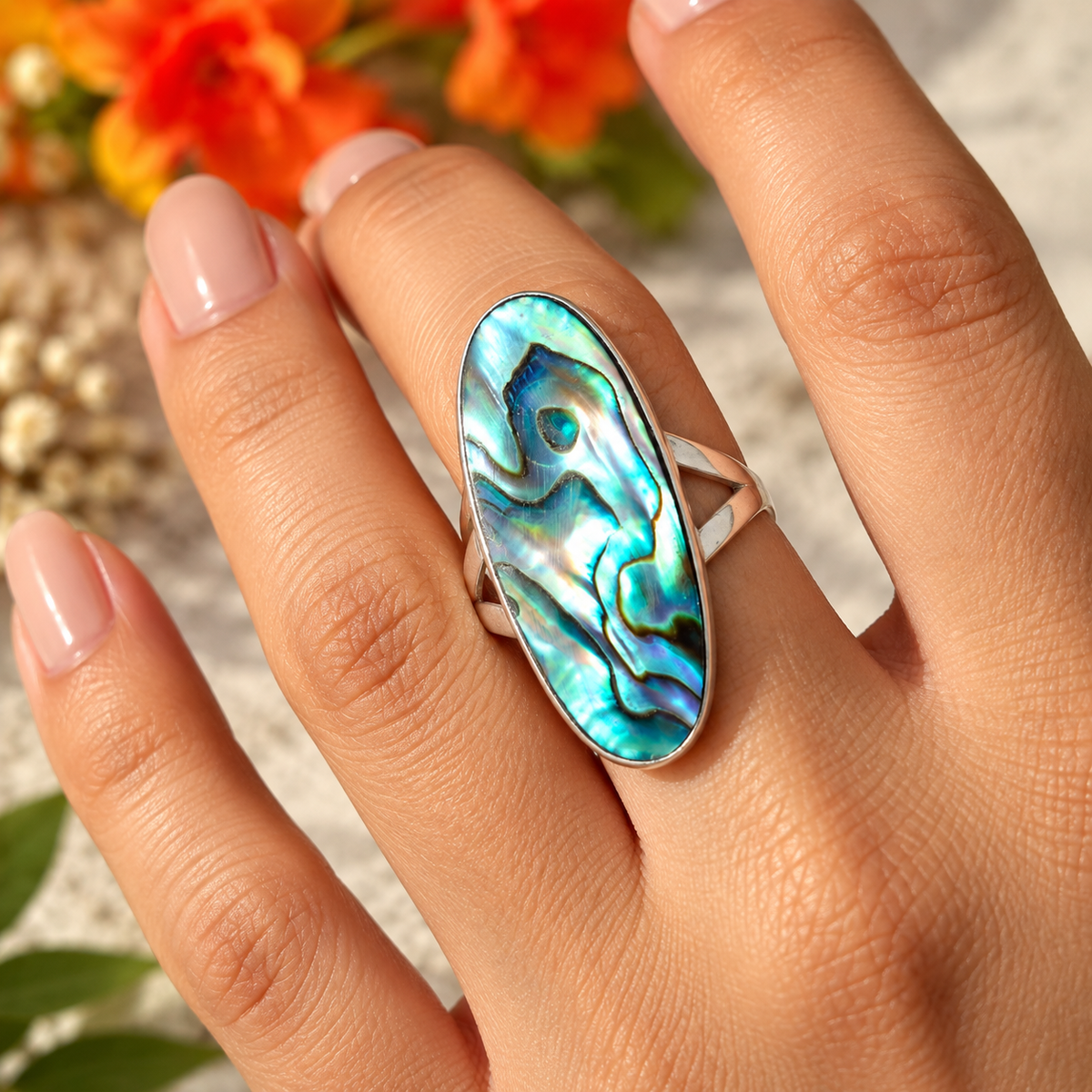 Handmade 925 Sterling Silver Abalone Shell Oval Ring – Iridescent Ocean-Inspired Statement Jewelry