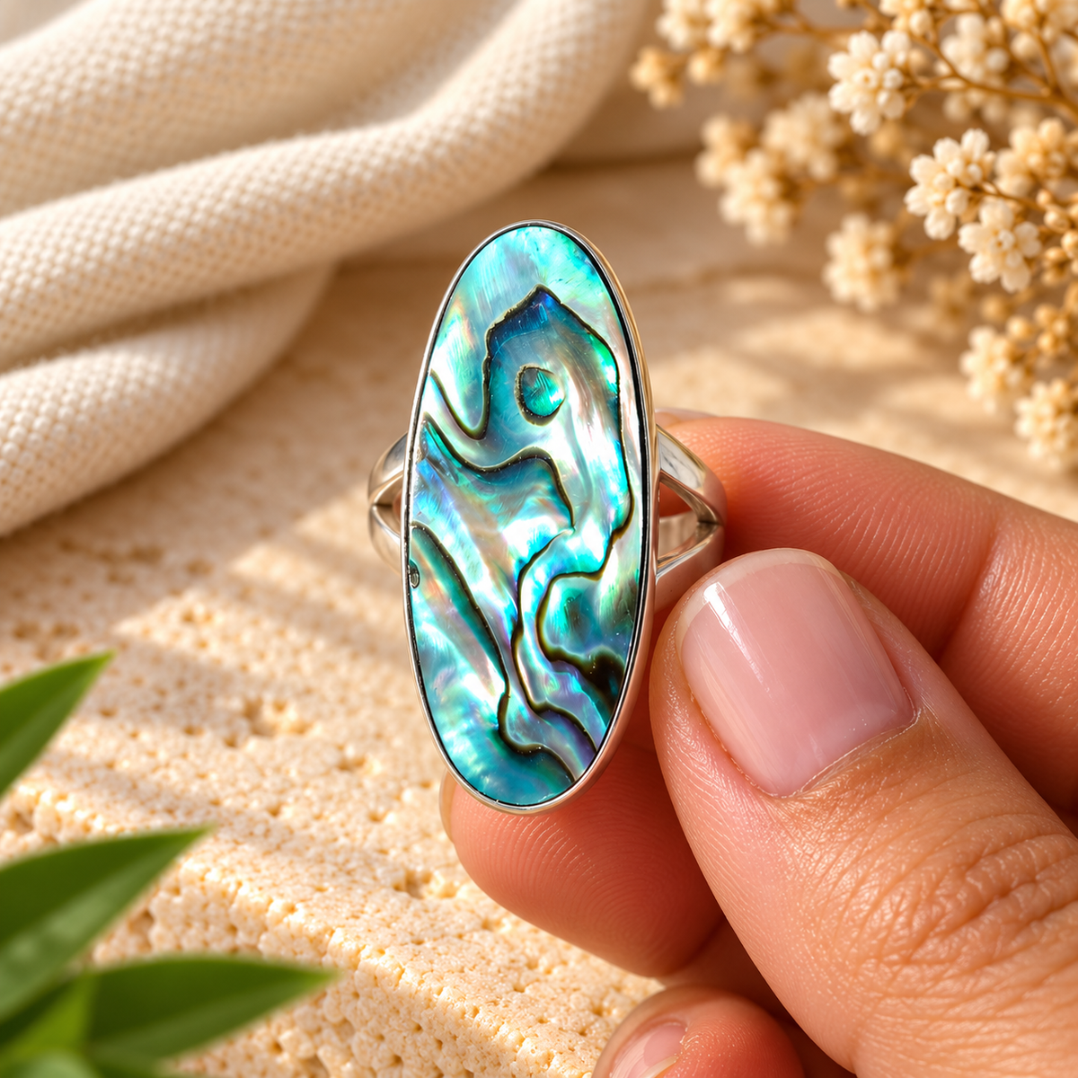 Handmade 925 Sterling Silver Abalone Shell Oval Ring – Iridescent Ocean-Inspired Statement Jewelry