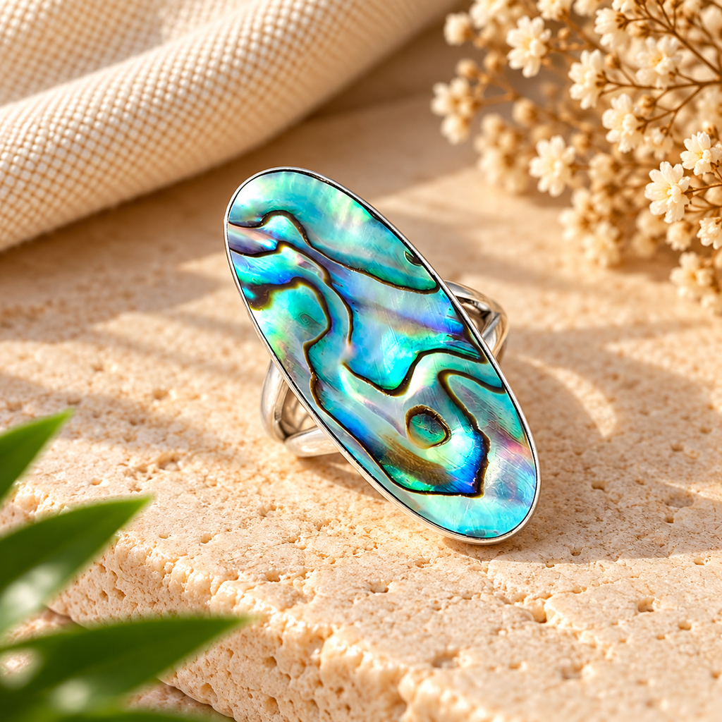 Handmade 925 Sterling Silver Abalone Shell Oval Ring – Iridescent Ocean-Inspired Statement Jewelry