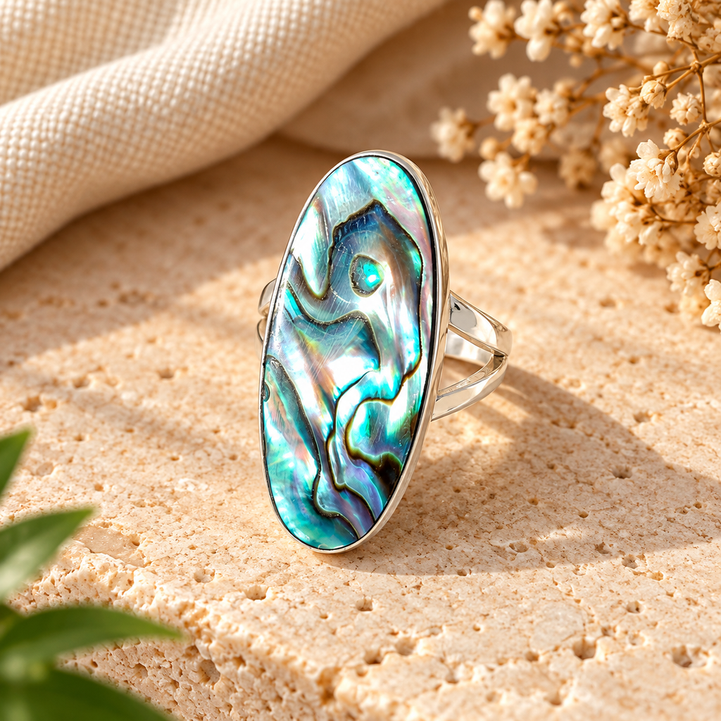 Handmade 925 Sterling Silver Abalone Shell Oval Ring – Iridescent Ocean-Inspired Statement Jewelry