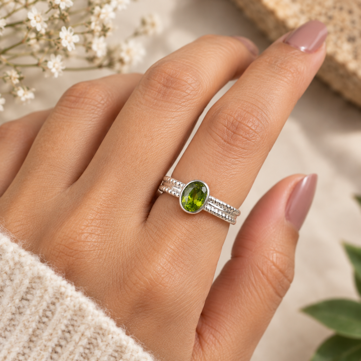 Handmade 925 Sterling Silver Oval Peridot Double Band Ring – Beaded August Birthstone Jewelry