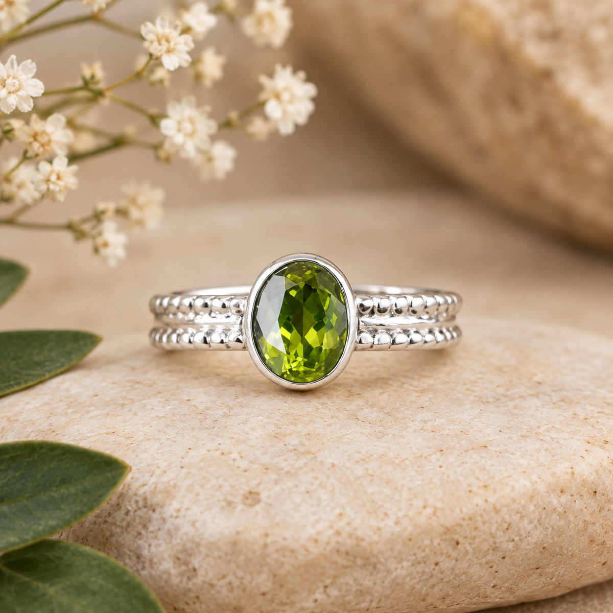 Handmade 925 Sterling Silver Oval Peridot Double Band Ring – Beaded August Birthstone Jewelry