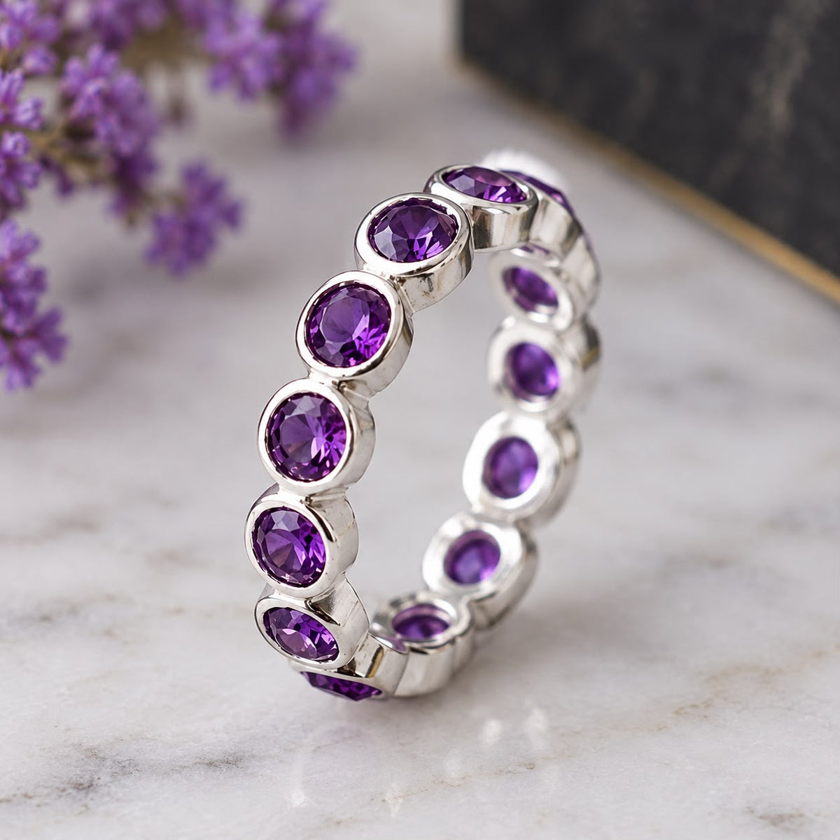 Handmade 925 Sterling Silver Amethyst Eternity Band Ring – February Birthstone Bezel-Set Purple Gemstone Wedding Band
