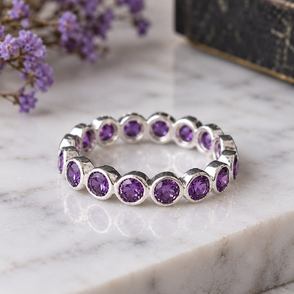 Handmade 925 Sterling Silver Amethyst Eternity Band Ring – February Birthstone Bezel-Set Purple Gemstone Wedding Band