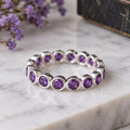 Handmade 925 Sterling Silver Amethyst Eternity Band Ring – February Birthstone Bezel-Set Purple Gemstone Wedding Band