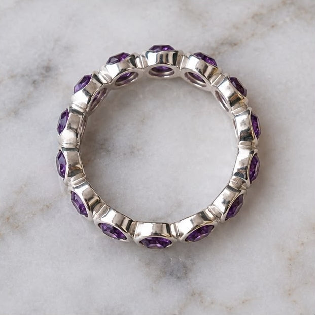 Handmade 925 Sterling Silver Amethyst Eternity Band Ring – February Birthstone Bezel-Set Purple Gemstone Wedding Band