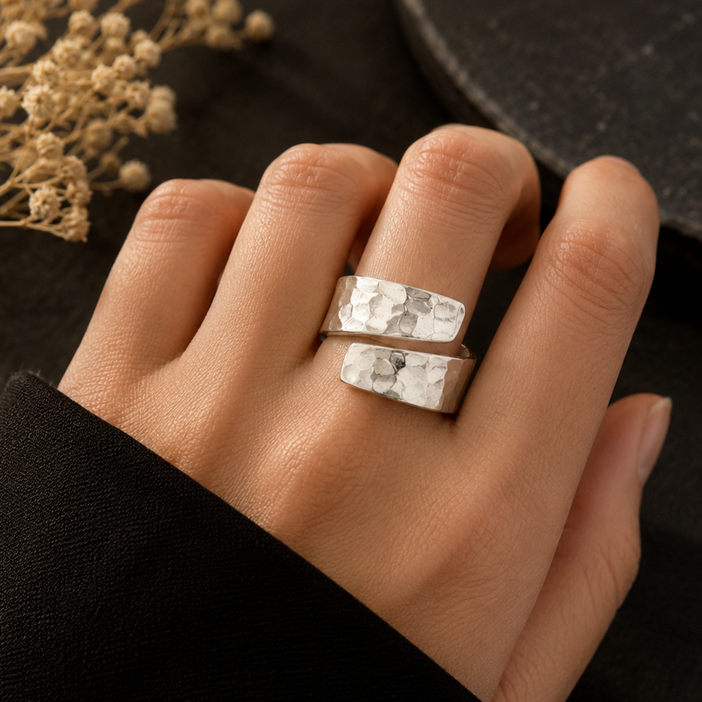 925 Sterling Silver Hammered Wrap Ring – Adjustable Boho Statement Jewelry