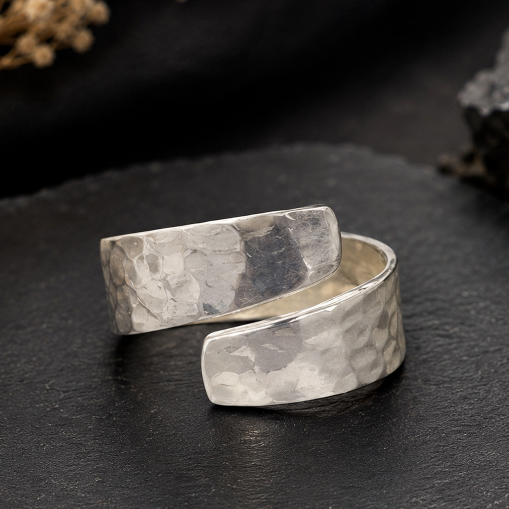925 Sterling Silver Hammered Wrap Ring – Adjustable Boho Statement Jewelry