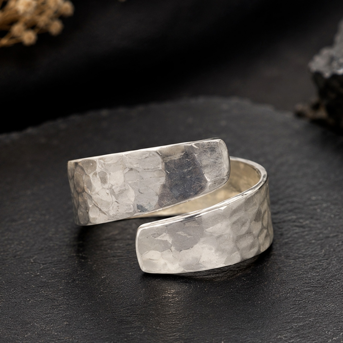 925 Sterling Silver Hammered Wrap Ring – Adjustable Boho Statement Jewelry