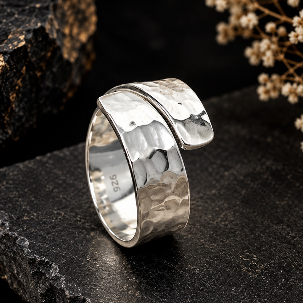 925 Sterling Silver Hammered Wrap Ring – Adjustable Boho Statement Jewelry