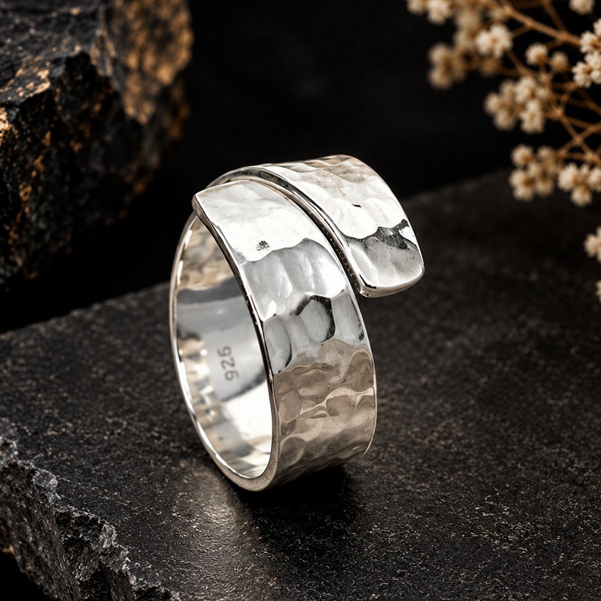 925 Sterling Silver Hammered Wrap Ring – Adjustable Boho Statement Jewelry