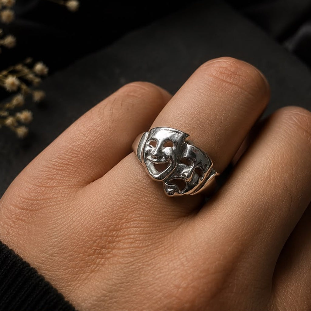925 Sterling Silver Comedy & Tragedy Theater Mask Statement Ring