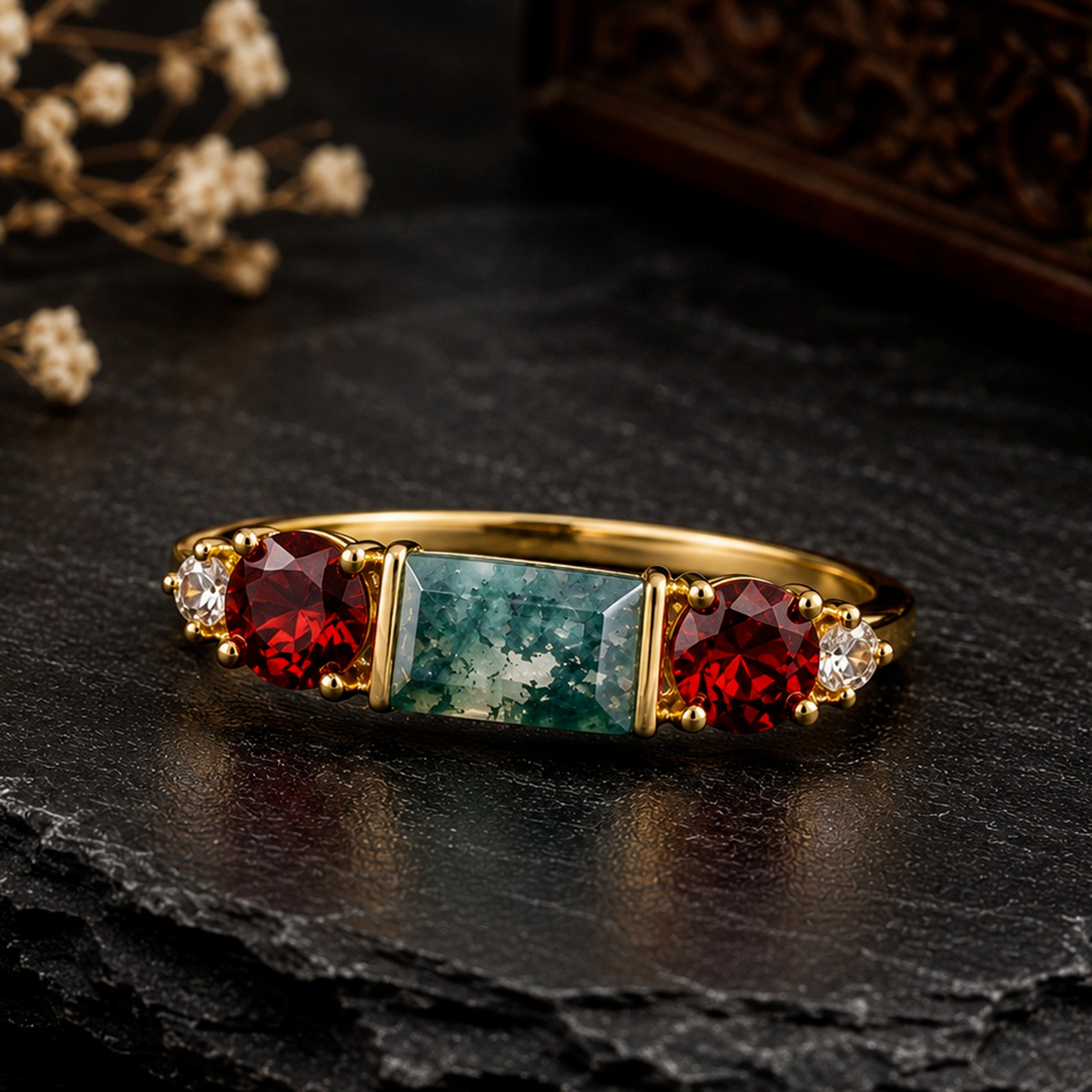 925 Sterling Silver Moss Agate & Garnet Ring – Gold Vermeil Statement Jewelry