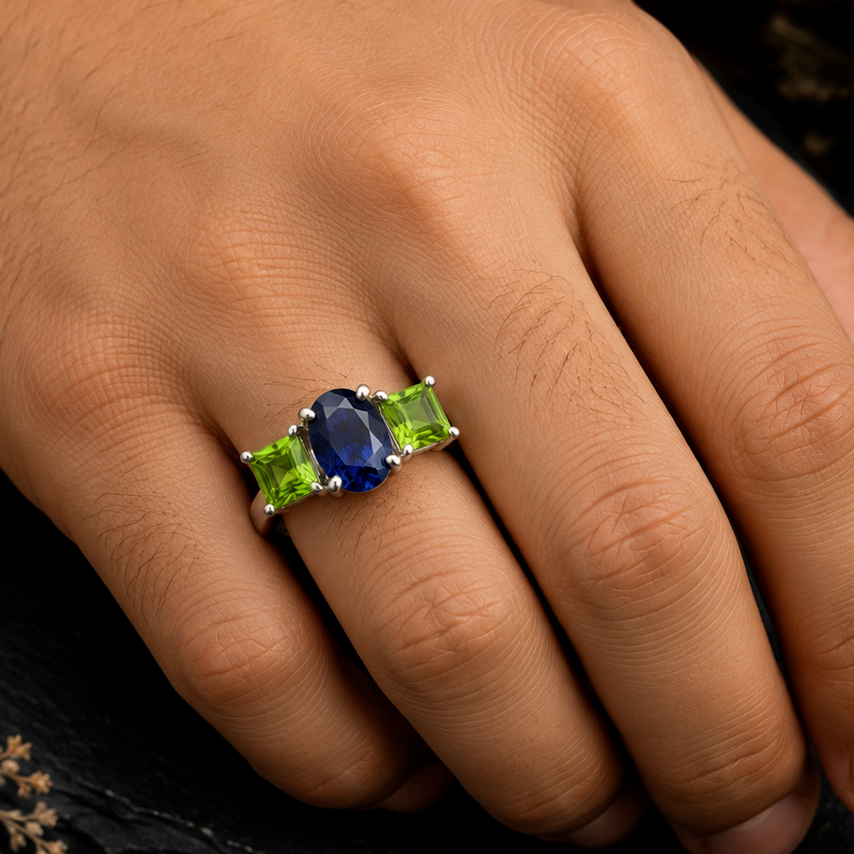 Handmade 925 Sterling Silver Blue Sapphire & Peridot Three-Stone Statement Ring
