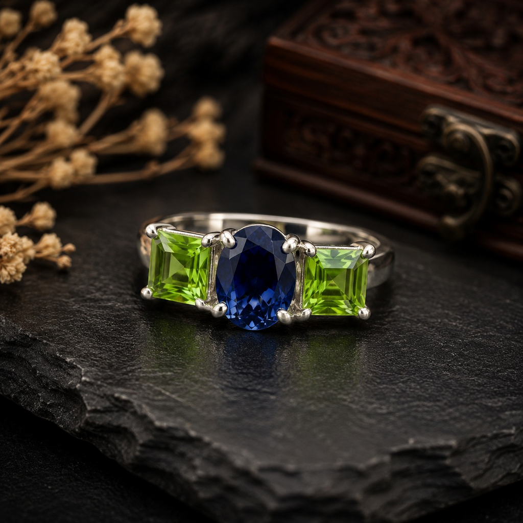 Handmade 925 Sterling Silver Blue Sapphire & Peridot Three-Stone Statement Ring