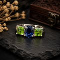 Handmade 925 Sterling Silver Blue Sapphire & Peridot Three-Stone Statement Ring