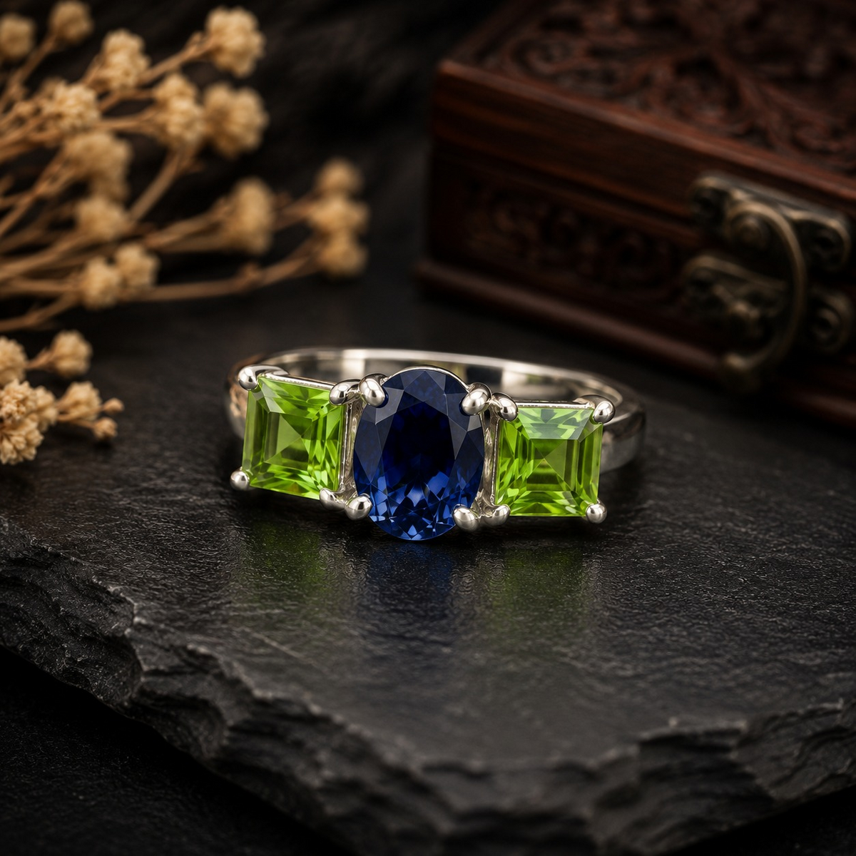 Handmade 925 Sterling Silver Blue Sapphire & Peridot Three-Stone Statement Ring