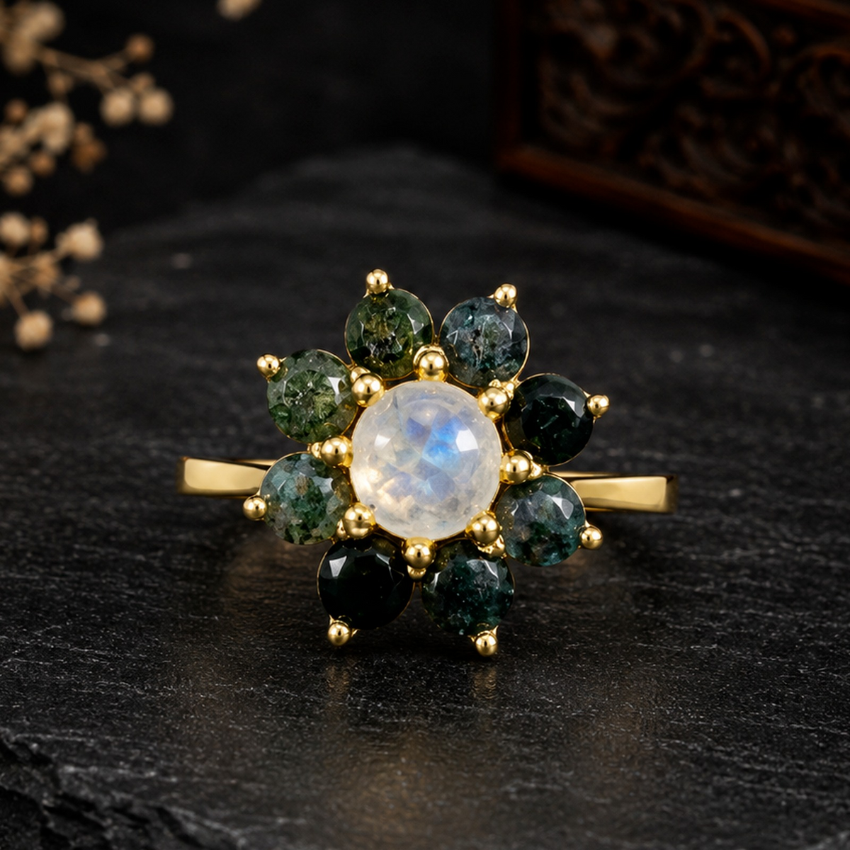 Handmade 925 Sterling Silver Rainbow Moonstone & Moss Agate Floral Statement Ring
