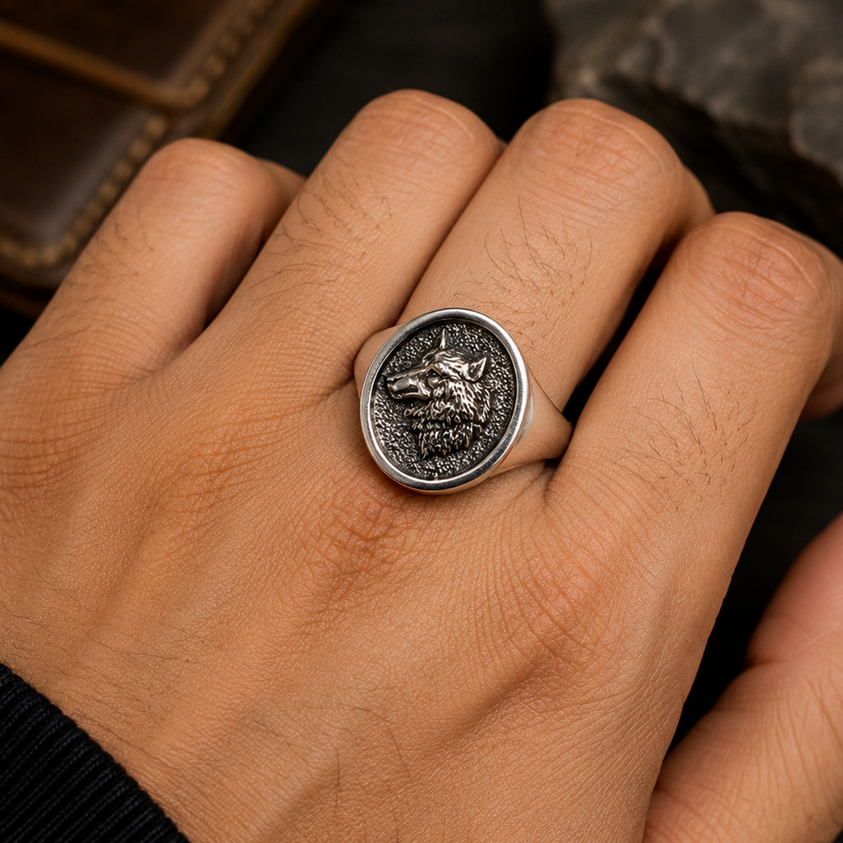 925 Sterling Silver Wolf Head Signet Ring – Men’s Nordic Animal Statement Jewelry