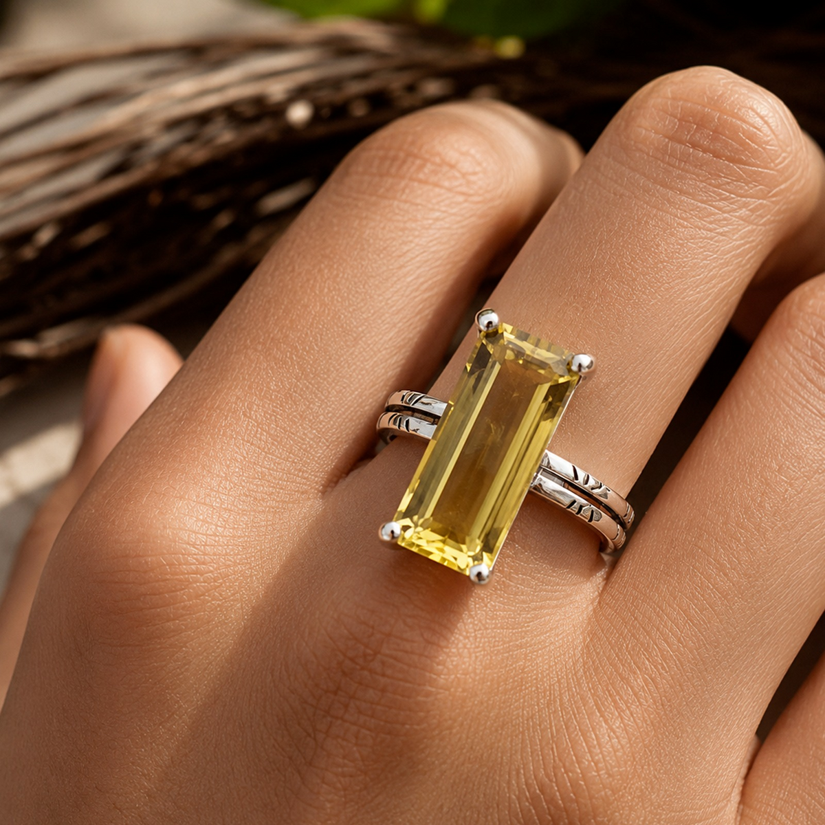 Handmade 925 Sterling Silver Emerald Cut Lemon Quartz Statement Ring